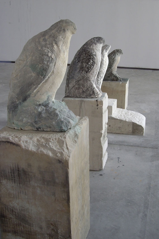  "Osprey," "Egyptian Falcon," "Bird Man," "Amber," 2007 Provencal limestone, casein, and sumi ink Installation 