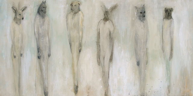  "Change of Coat," 2009 Casein, charcoal, rabbit skin glue, and paper on wood 24 x 48 x 1 inches 