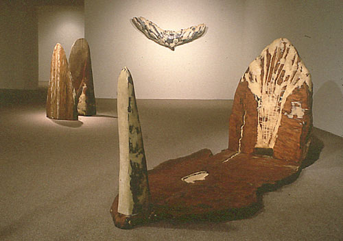  Installation at Mincher-Wilcox Gallery, San Francisco, 1990 "Hand / Wing" (left), "John Crow" (on wall), mixed media, 33 x 78 x 8 inches "Sun Dial" (right), redwood, 58 x 98 x 48 inches     