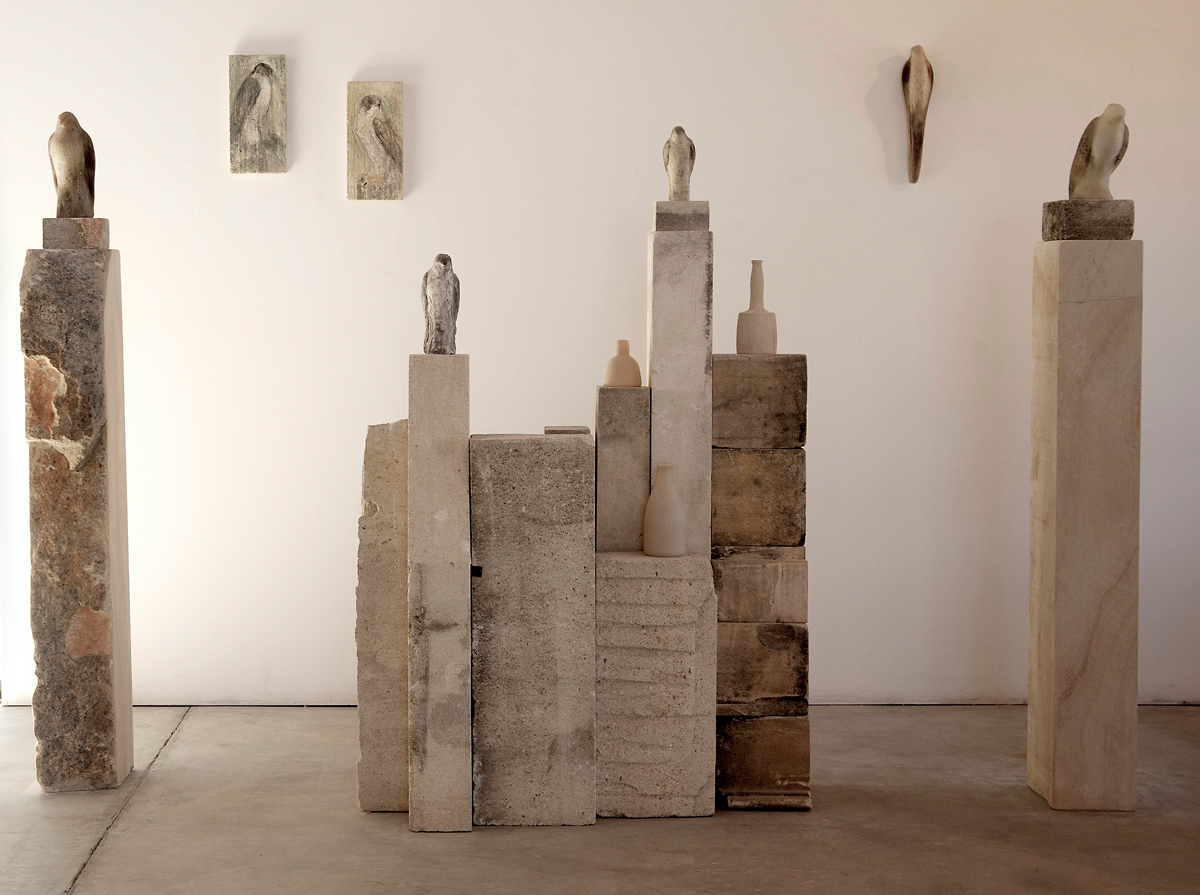  "Morandi Installation," 2012 Blown glass, limestone, and pigment 72 x 220 x 24 