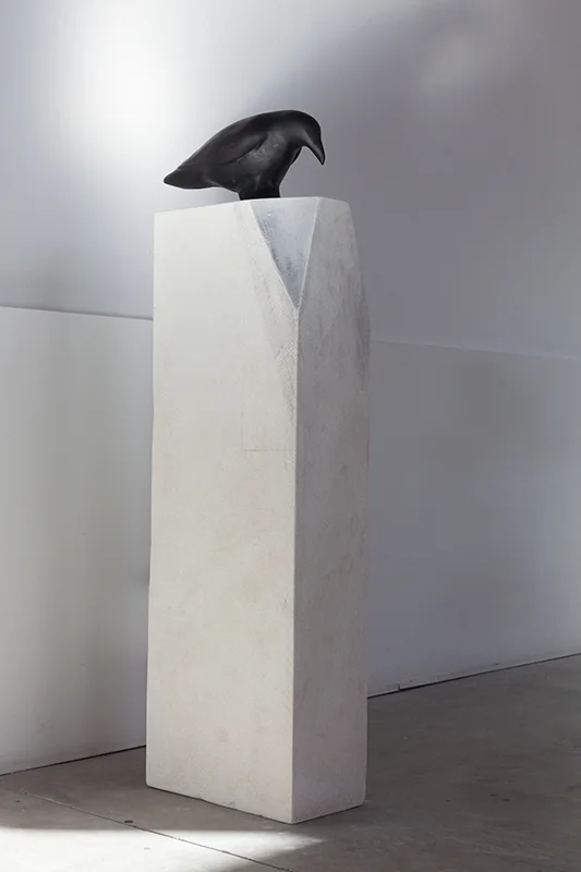  "Raven on New Stone," 2015 Hand blown pigmented glass and limestone 50 x 8 x 15 inches 