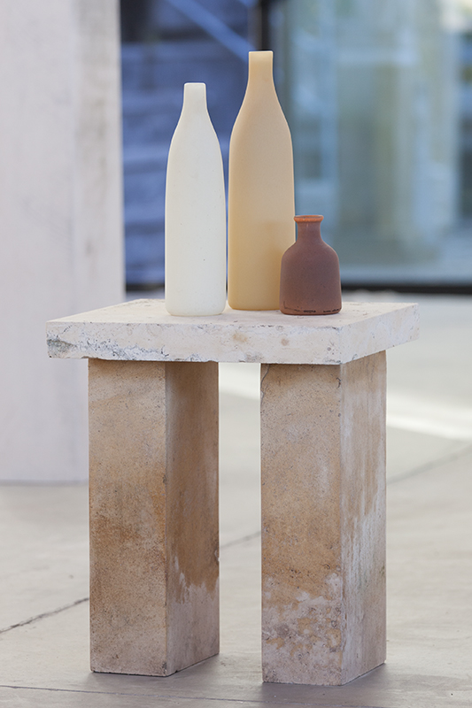 "Morandi Balzac Table," 2016 Hand blown pigmented glass and limestone 33 x 16 x 14 inches