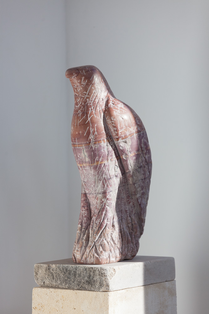  “Red Marble Hawk,” 2015   Portuguese marble and limestone  63 x 8 x 12 inches 