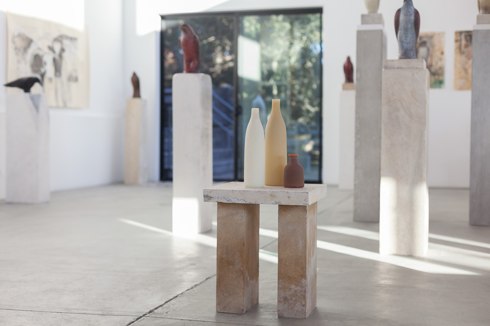  Studio installation with Morandi Balzac Table  Hand blown pigmented glass and limestone  33 x 16 x 14 inches 