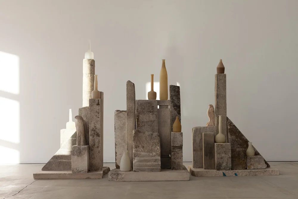  “Moss Morandi,” 2015   Provencal limestone, kiln cast crystal and handblown glass   Installed: 55 x 94 x 28 inches 