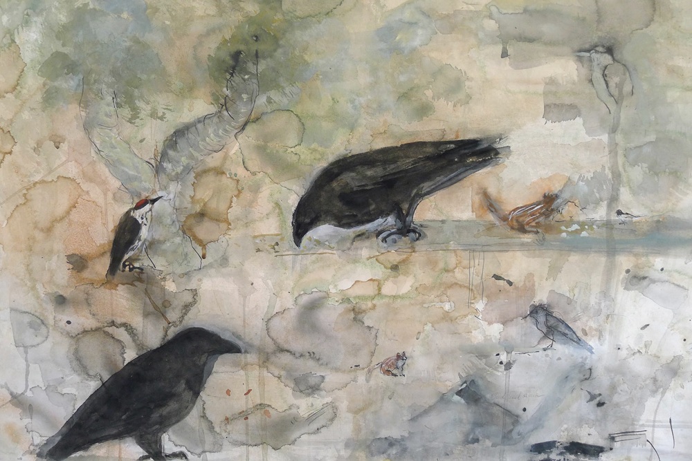 "Feeding Birds," 2015 Coffee, Korean watercolor, and ink 22 x 30 inches 