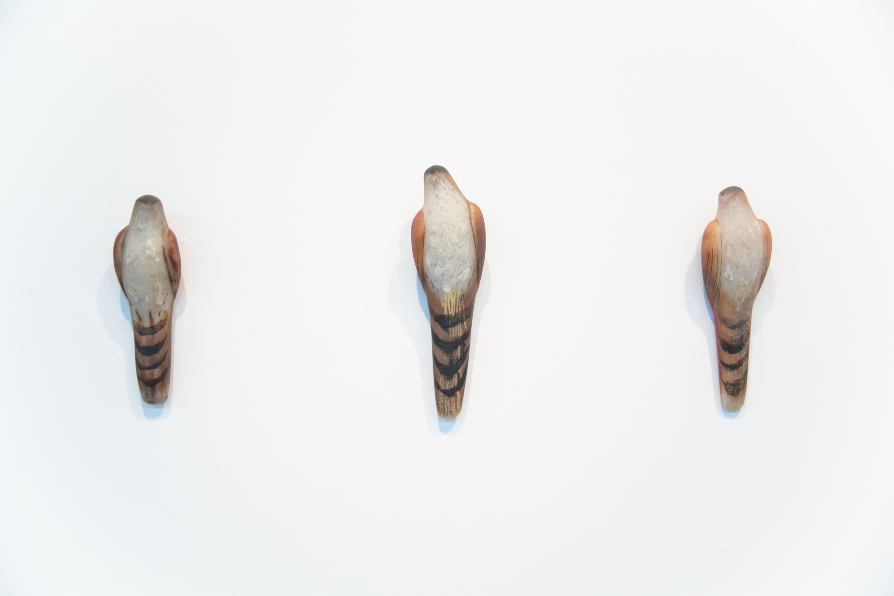  “Tobacco Lace Birds,” 2018  Hand blown pigmented glass  Studio installation 