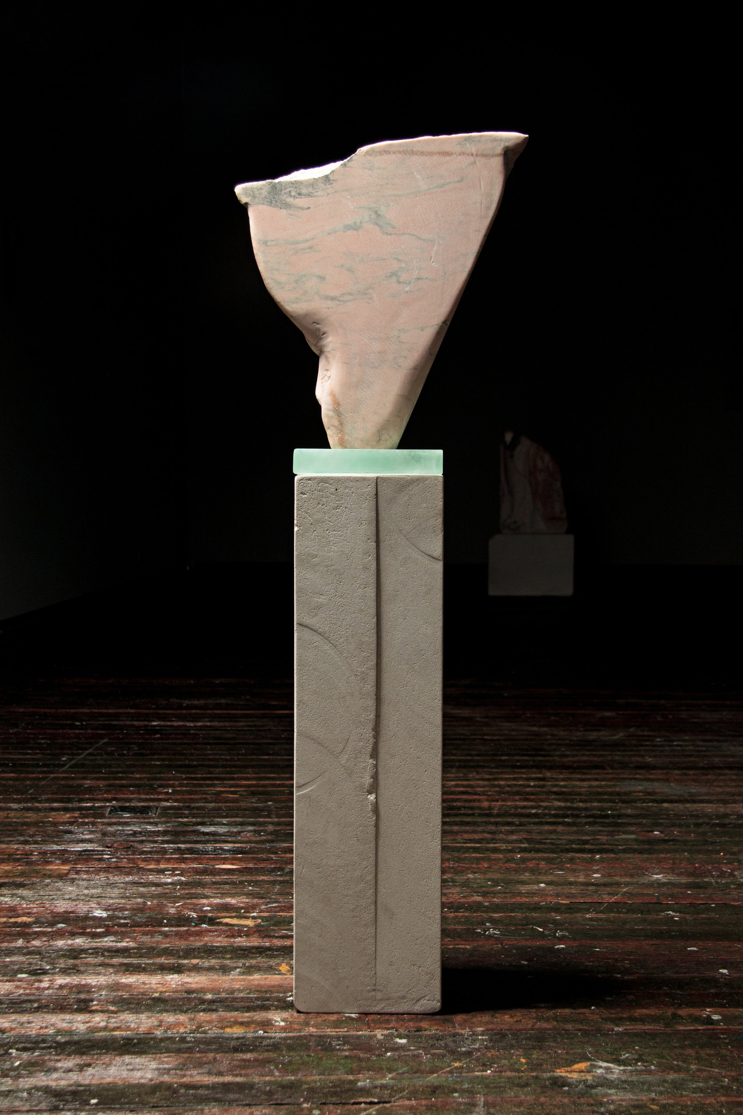  “Horse Drinking Water,” 2018  Portuguese marble, kiln cast glass and limestone  48 x 16.5 x 9 inches    