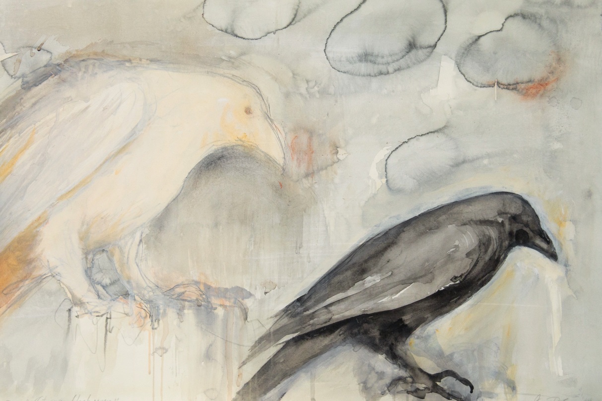  “White Raven Black Raven,” 2016  Sumi ink, ink and casein  22.5 x 30 inches 