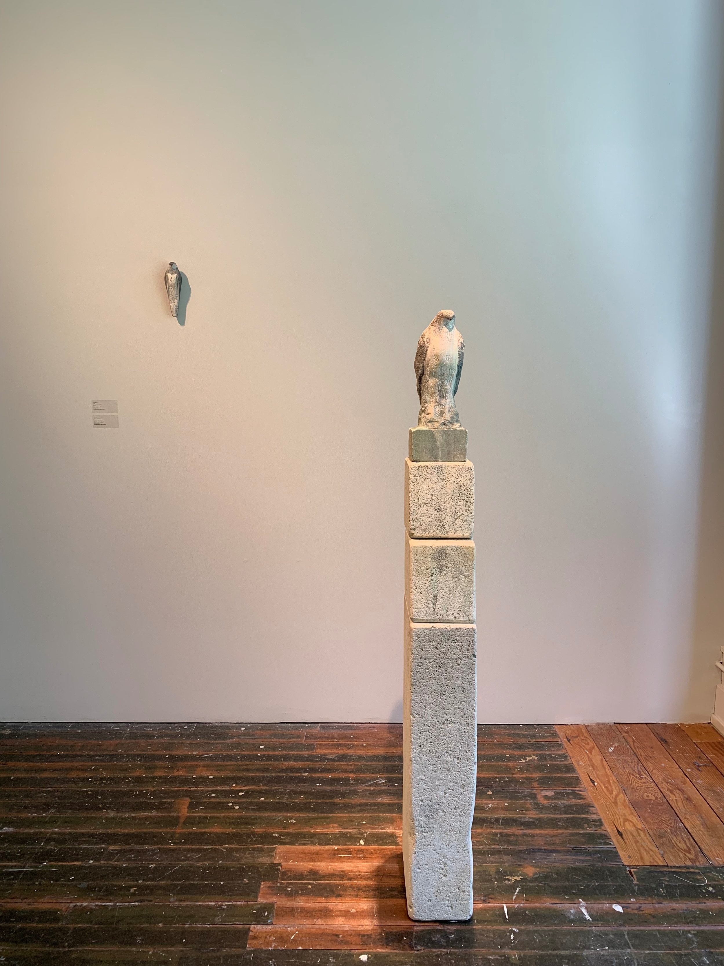  “Leaf,” 2017 (left) and ”Stella Dallas,” 2014 (right) 8.5 x 2.5 x 2 inches (left) and 62.5 x 12 x 6.5 inches Pigmented limestone   