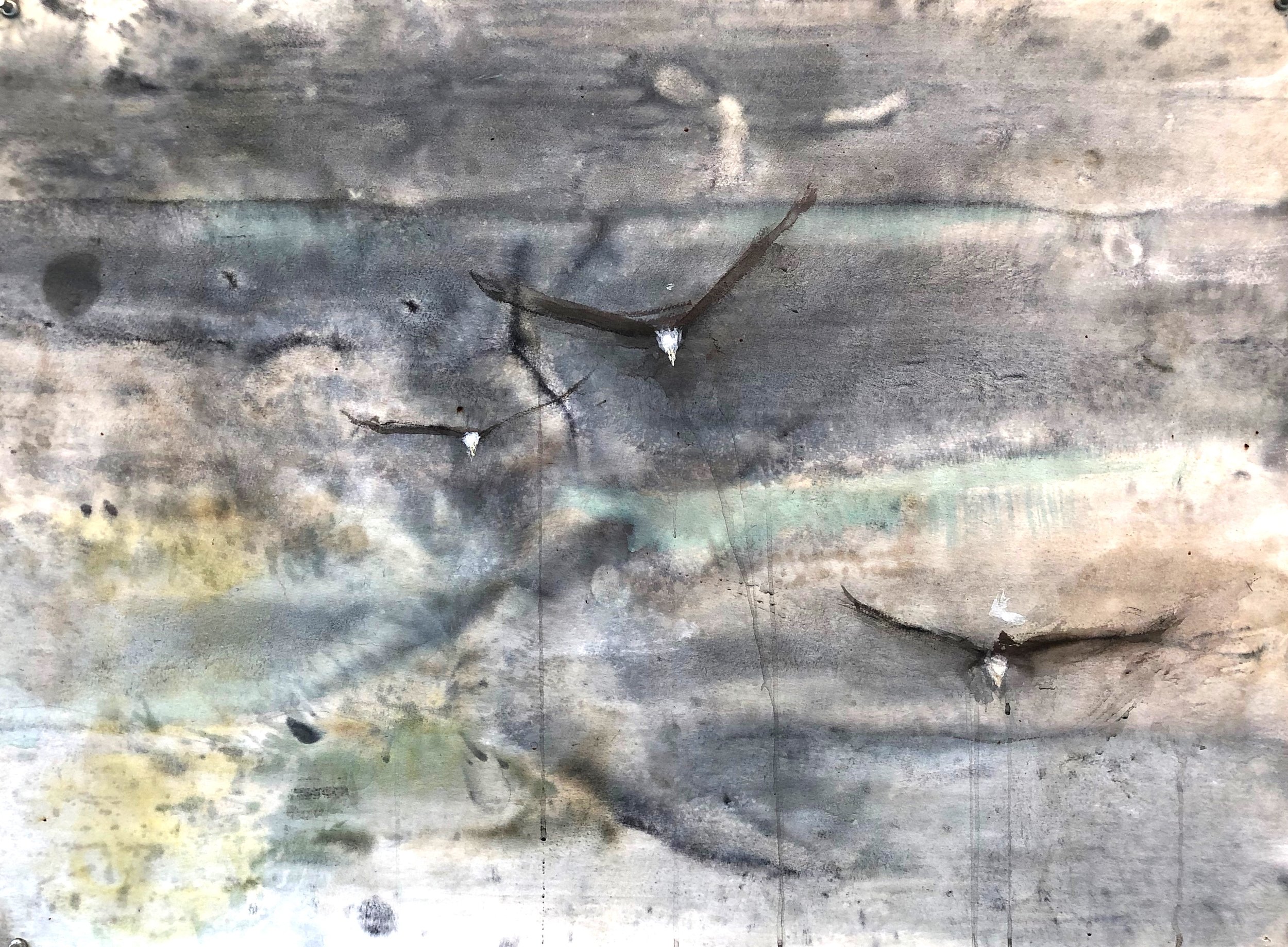  “Marsh Triptych (III),” 2018 Coffee, sumi ink, and ink wash  22 x 30 inches (each) 