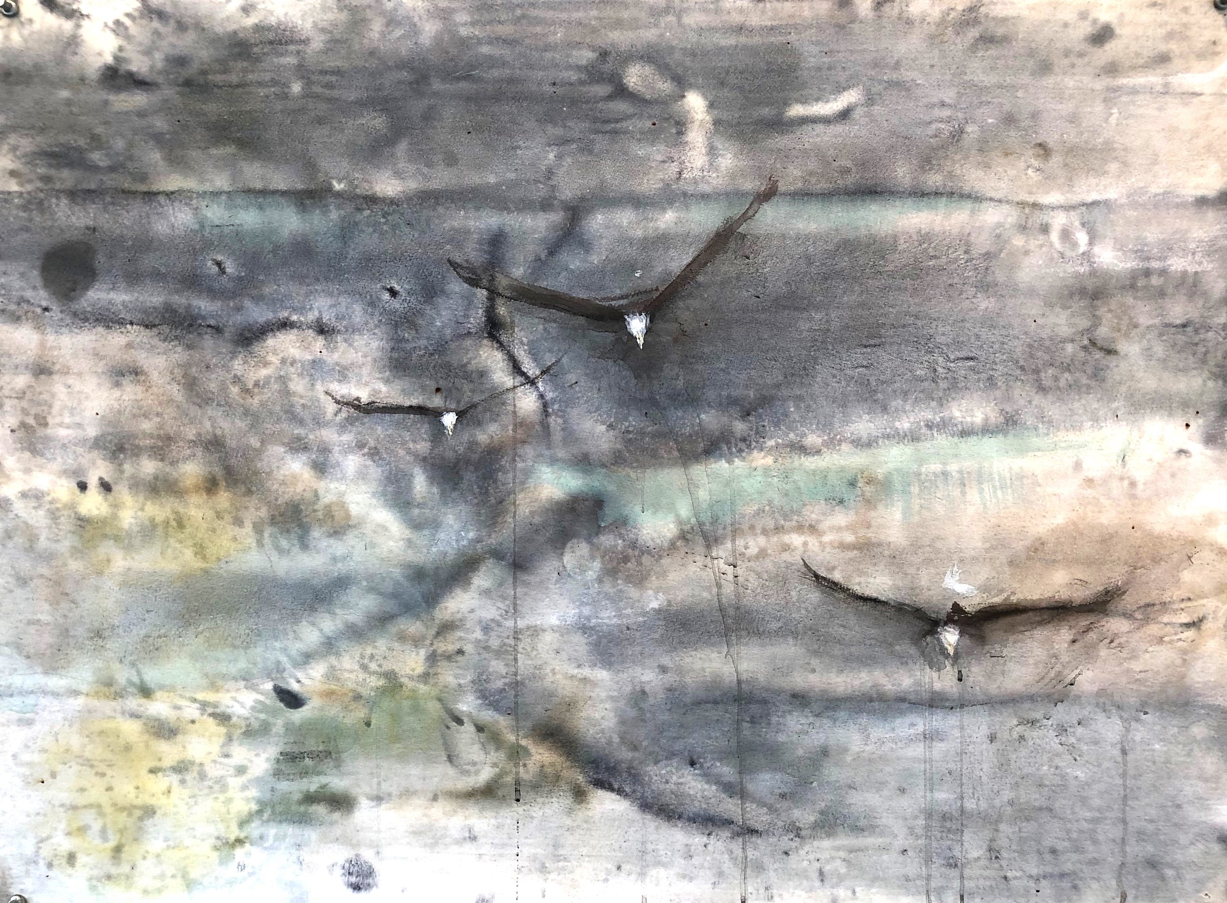  “Marsh Triptych (III),” 2018 Coffee, sumi ink, and ink wash&nbsp; 22 x 30 inches (each) 