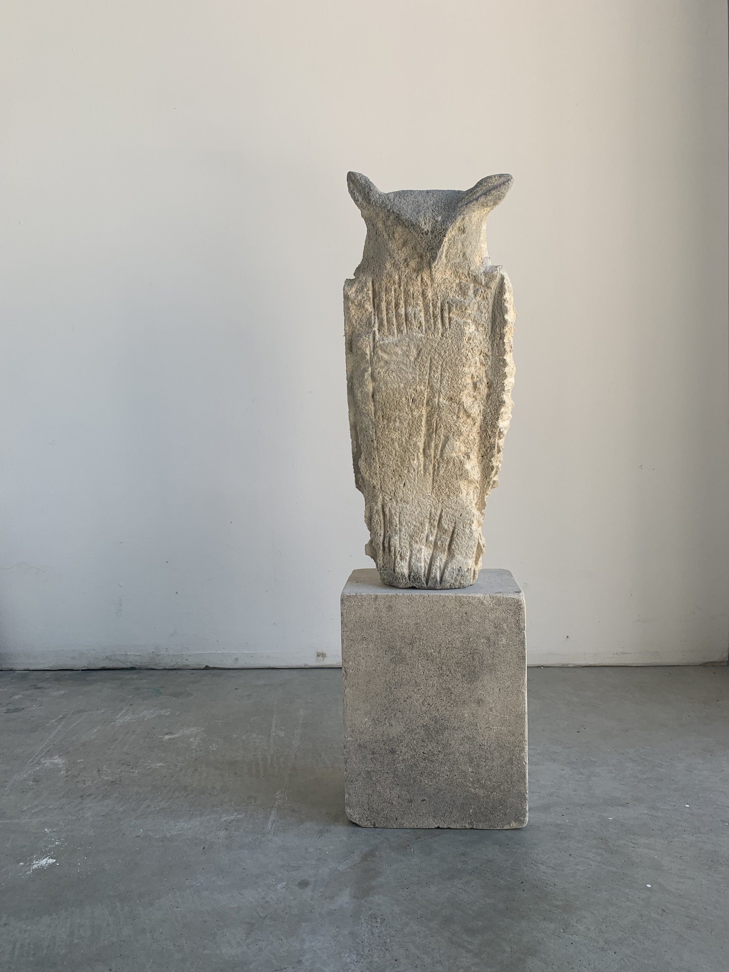  “Gesture Owl (Scruffy),” 2019 Provencal limestone and sumi ink 22 x 6 x 5 inches  