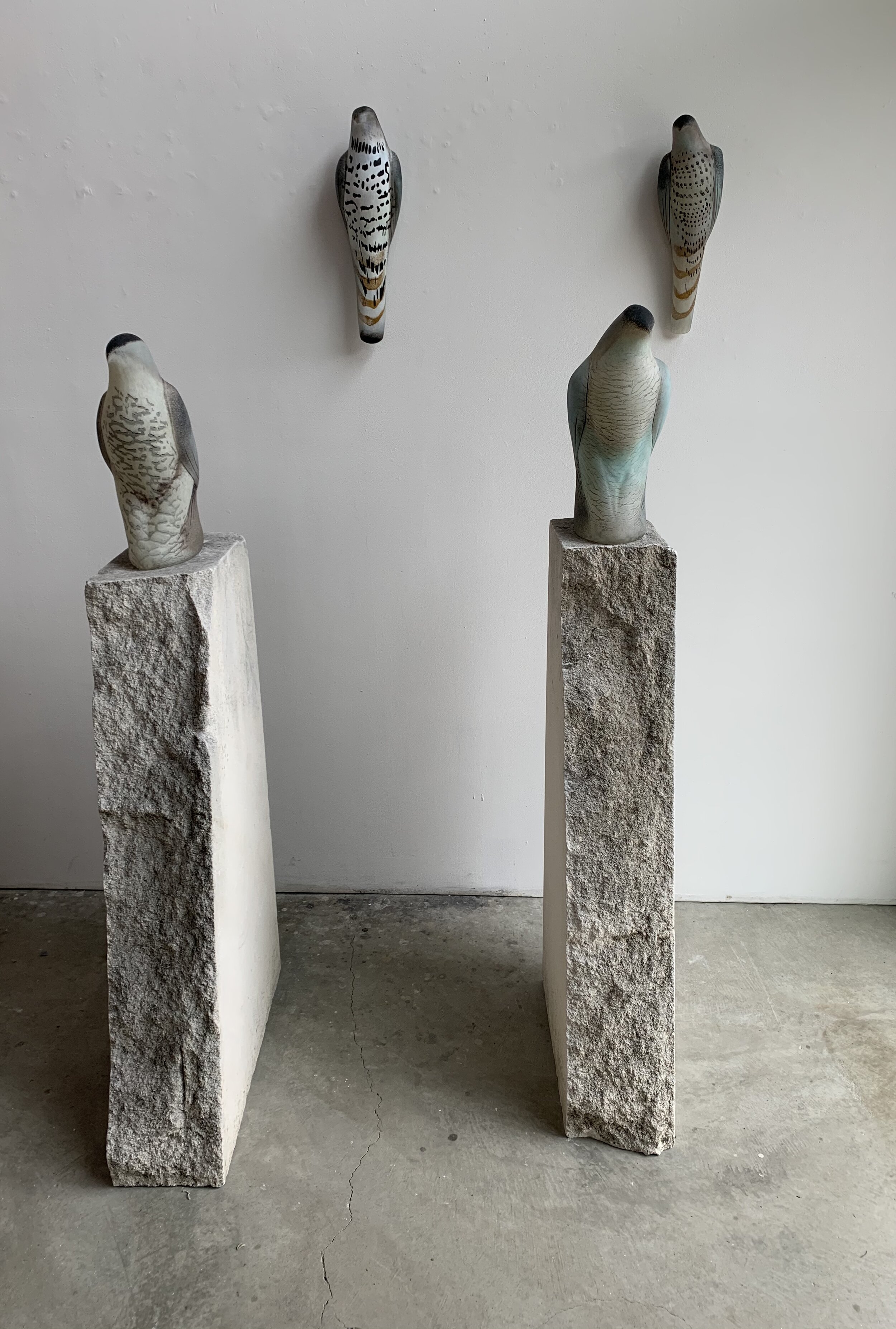  “Calligraphic Bird Series,” 2020 Handblown pigmented glass and limestone Studio installation 