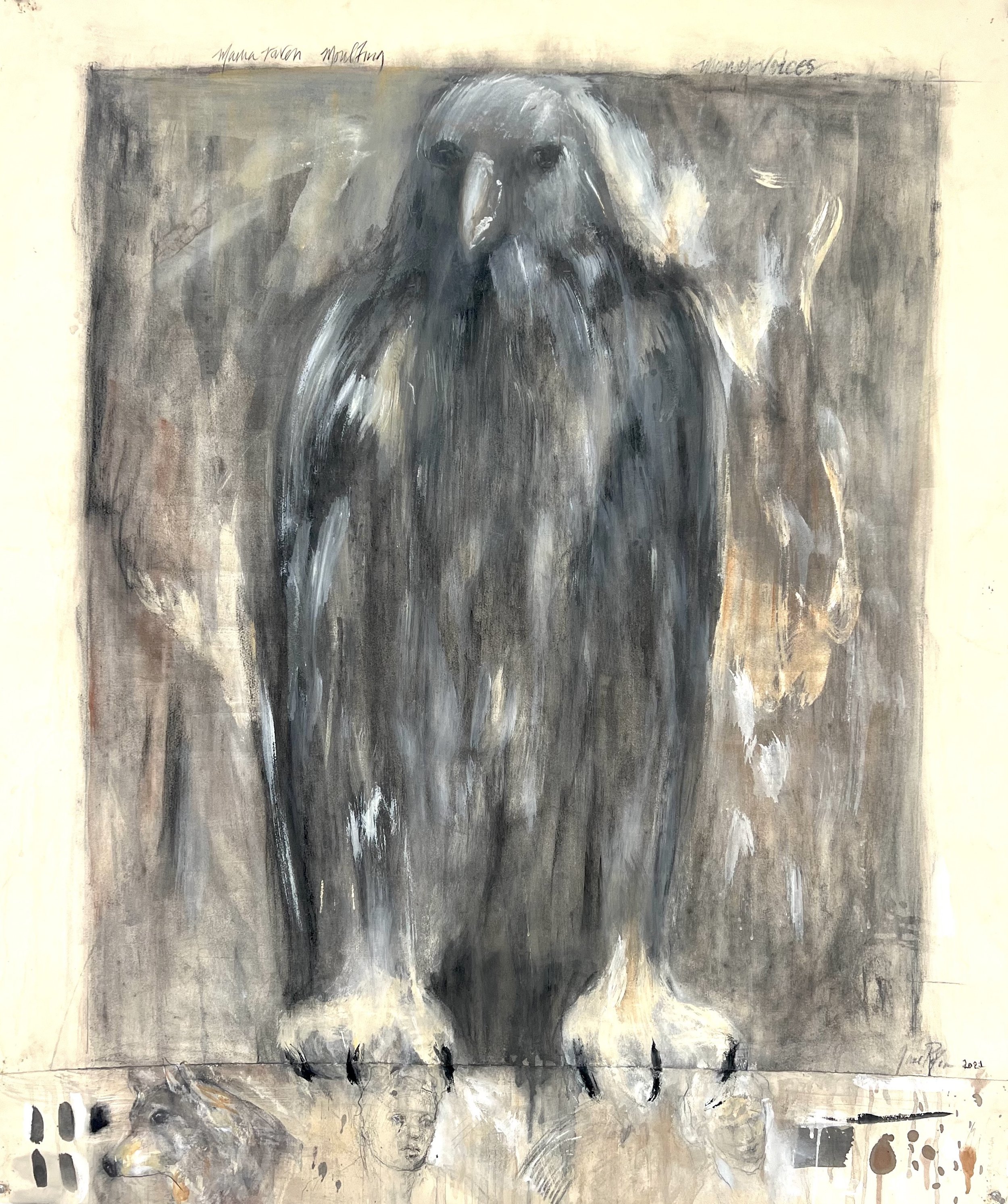  “Mama Raven Moulting,” 2021 Charcoal, ink, casein and coffee 50 x 42 inches 