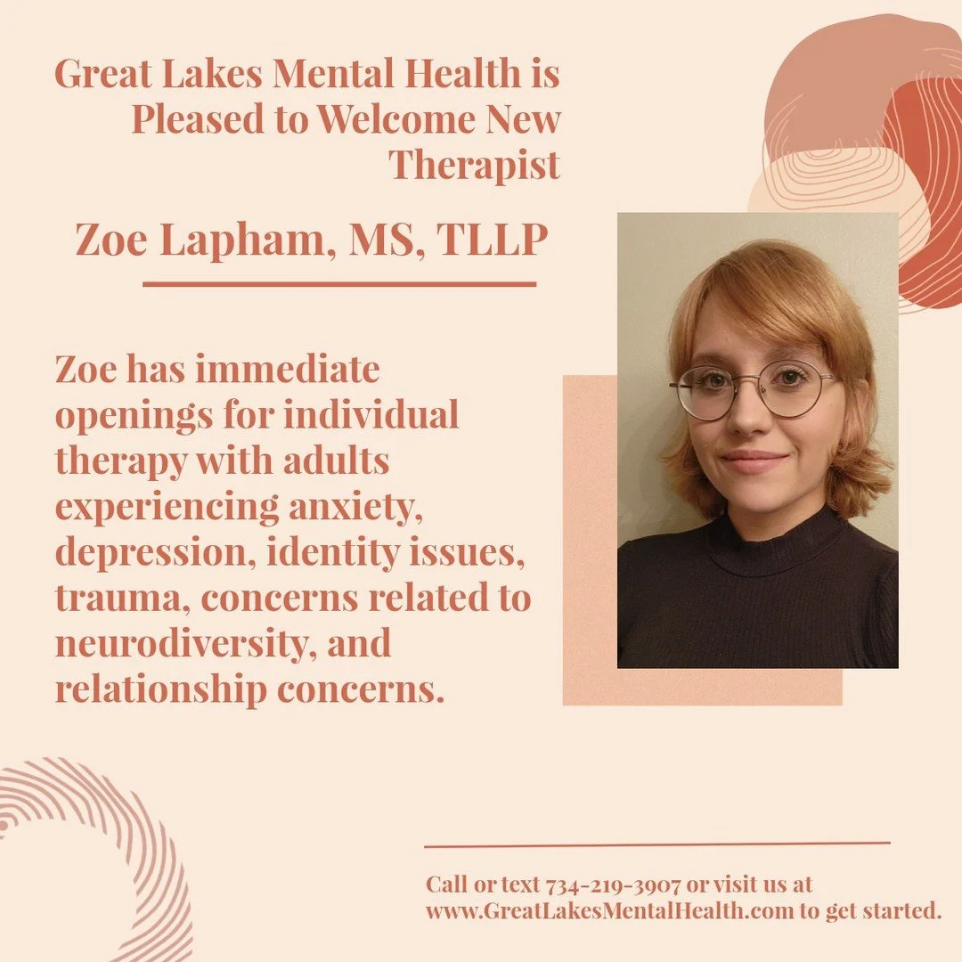 We are thrilled to welcome Zoe Lapham to the Great Lakes team! Zoe has current openings for individual clients (ages 18+) both virtually and in-person in Dexter. If you'd like to get on the schedule before Zoe is booked, please check out our link in 