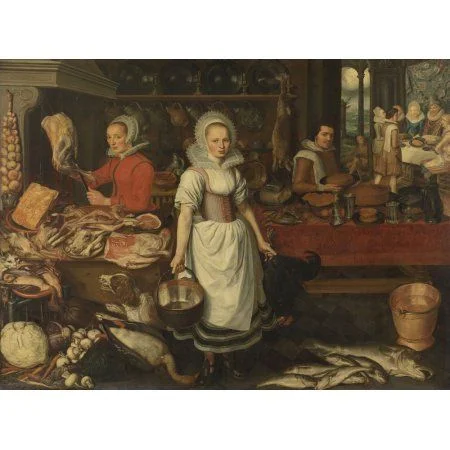 Kitchen Scene with the Parable of the Rich Man and Poor Lazarus, Pieter Cornelisz. van Rijck (attributed to), 1610 - 1620