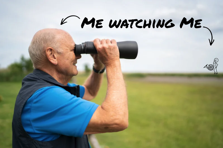 man with binoculars watches stick figure horn player