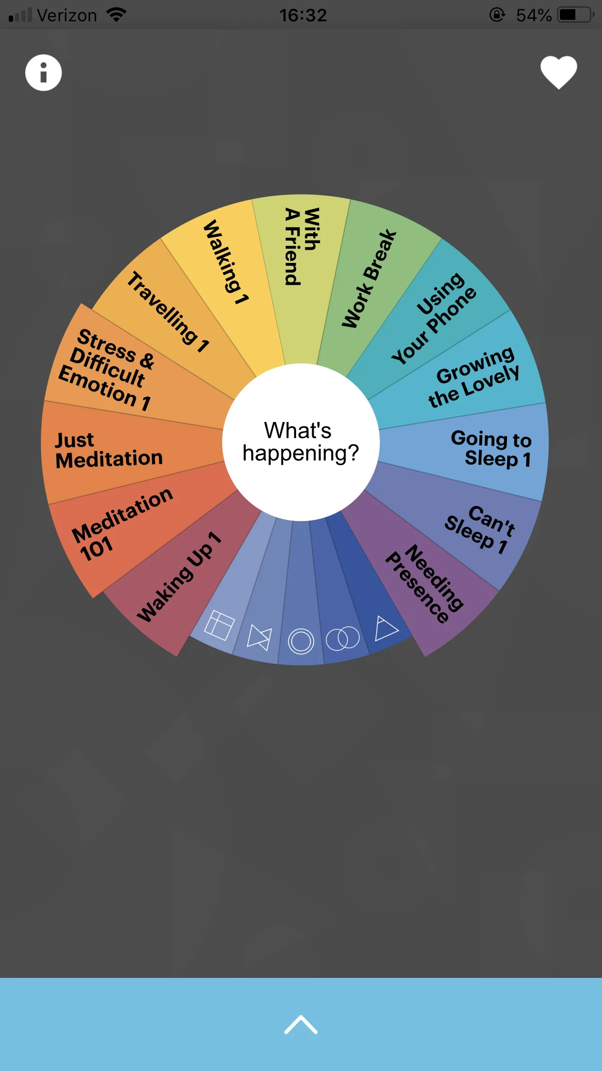 Screenshot of buddhify. The wheel is customizable — you can add and delete categories. Within each category are 5 or 6 different meditations of different lengths and focuses.
