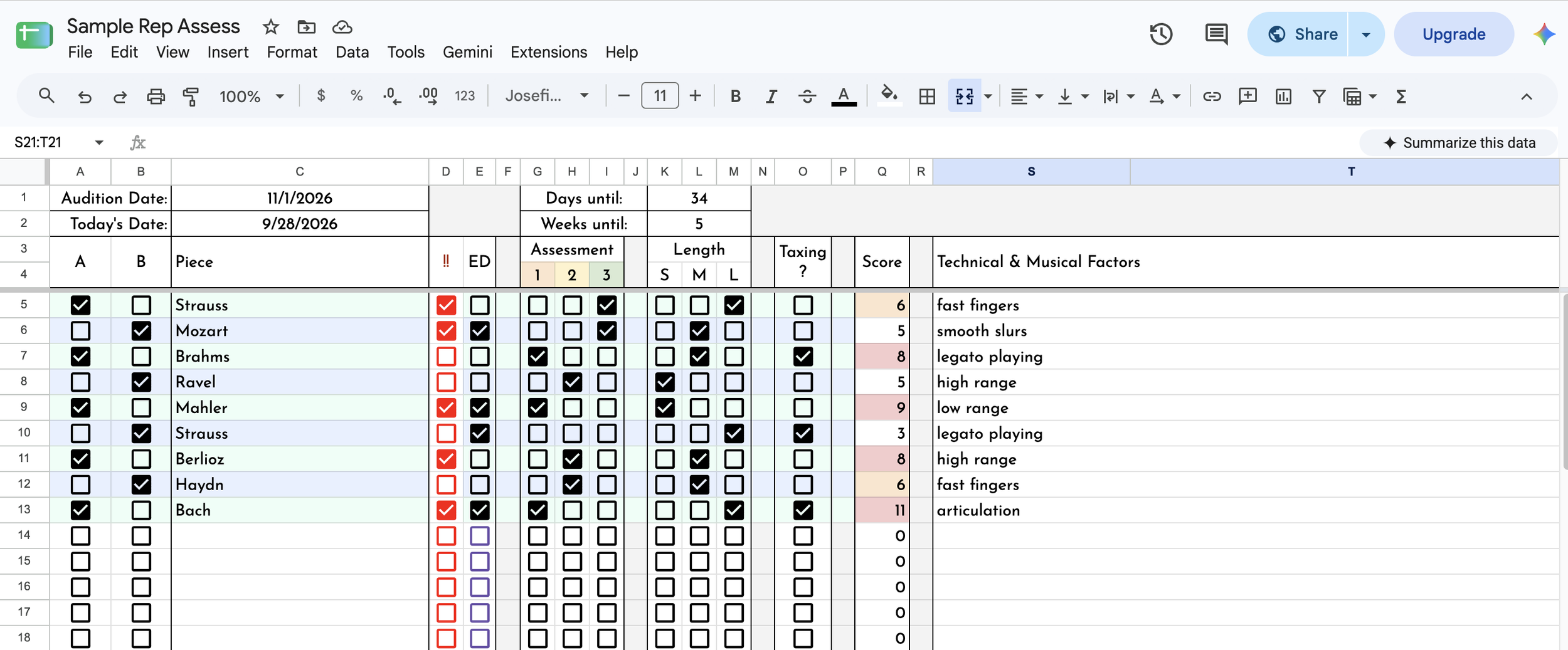 screenshot of google sheets template of practice chart