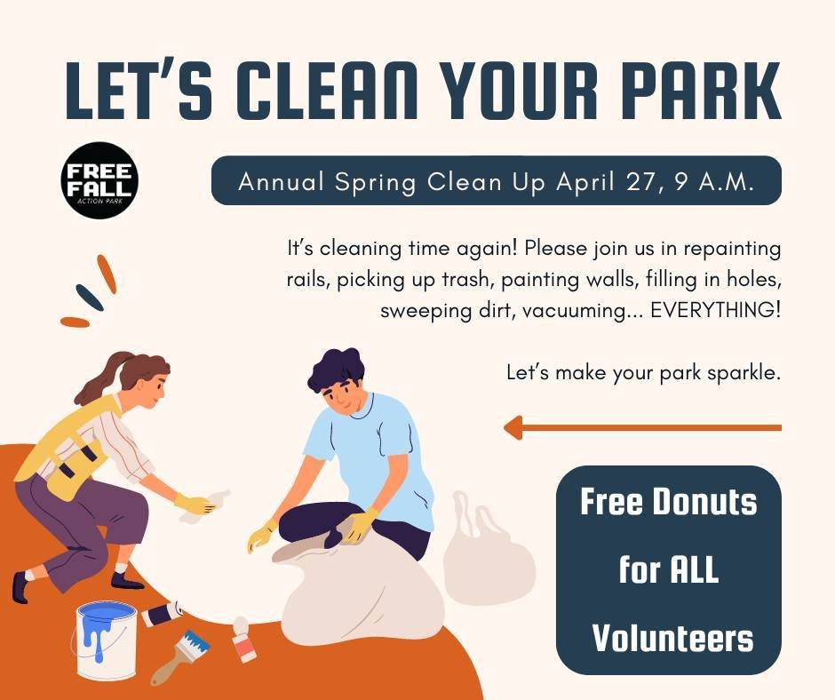 Let&rsquo;s clean up your park!

We do a yearly spring cleaning to tidy up our community space. We would like our Free Fall Family to join us in making our park free of old trash, repainting our rails, organizing clutter, fixing the concrete, and mor