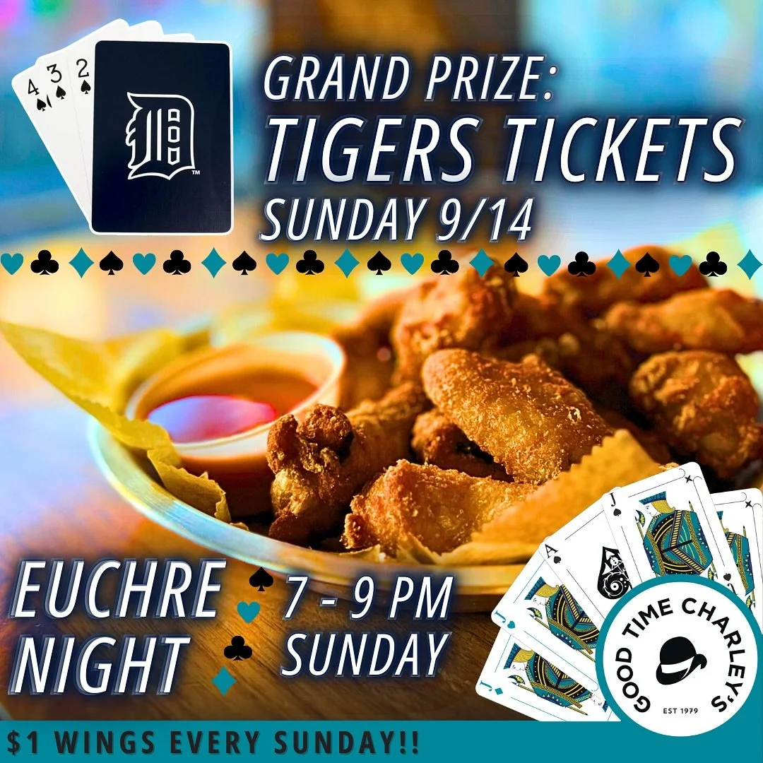 THIS SUNDAY&rsquo;S GRAND PRIZE: TIGERS TICKETS 🤩

Come out to Charley&rsquo;s this Sunday for our Euchre Tournament (7pm-9pm) for the chance to win TWO TIGERS TICKETS 💛🥳🥰