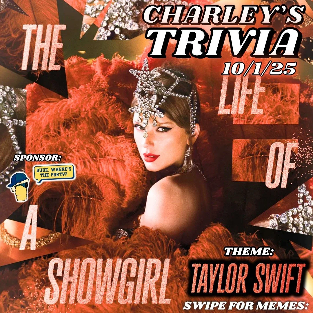TAYLOR SWIFT TRIVIA 10/1 🧡🍊✨

THE ORANGE ERA IS HERE!!! Join us for TAYLOR SWIFT TRIVIA this Wednesday featuring GLITTERY ORANGE FISHBOWLS!!!! 🤩🎇

Follow our sponsor @dudewherestheparty to be automatically entered into their $4,000 AMAZON GIFT CA