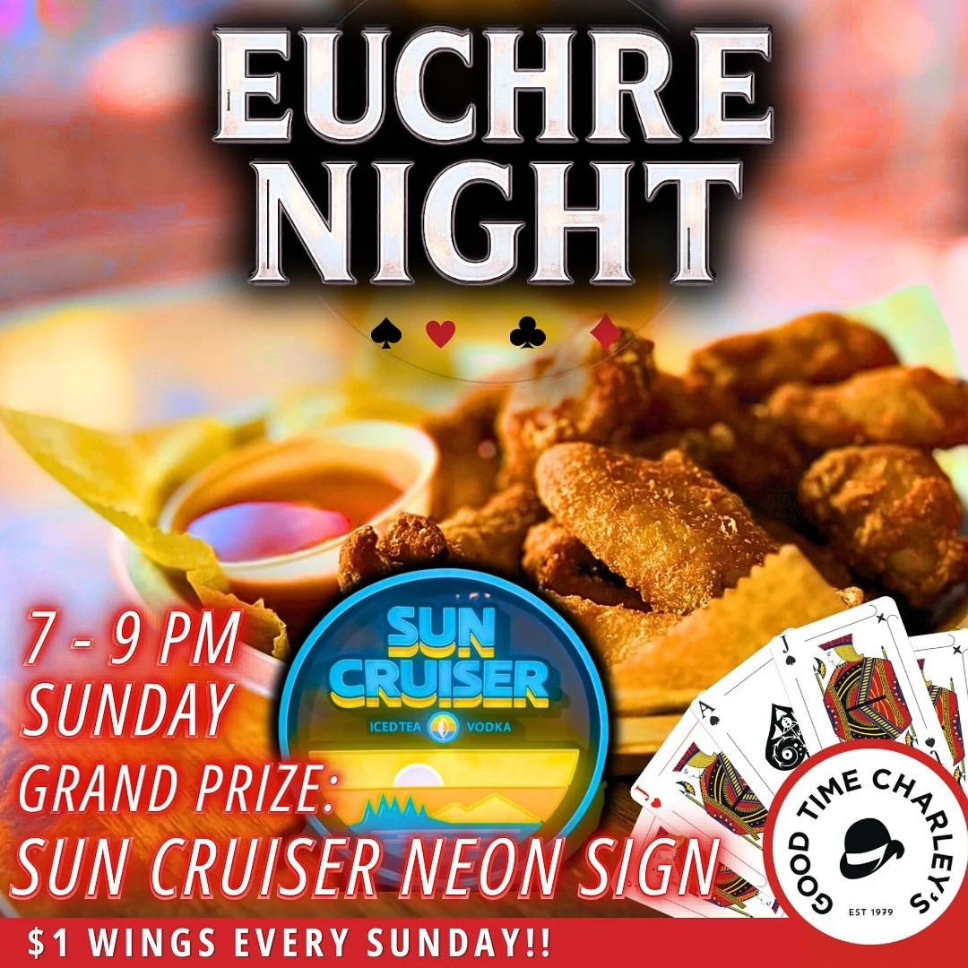 EUCHRE NIGHT 11/9 🤝💙

GRAND PRIZE: SUN CRUISER NEON SIGN 🌊

$1 WINGS 🍗