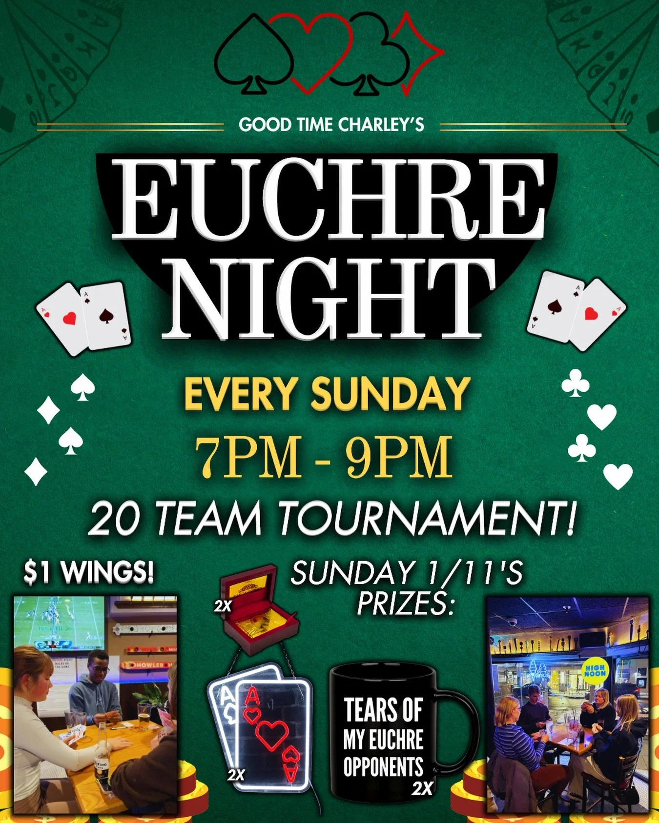 EUCHRE NIGHT IS BACK &spades;️&hearts;️&clubs;️&diams;️

THIS SUNDAY (7PM - 9PM) 20 TEAMS WILL COMPETE IN A EUCHRE TOURNAMENT FOR: 🥁

TWO EUCHRE MUGS, TWO CARD NEON SIGNS, AND TWO GOLDEN CARD DECKS 🥳🤩🫨

NO RESERVATION REQUIRED: SHOW UP AT 7PM 🤝
