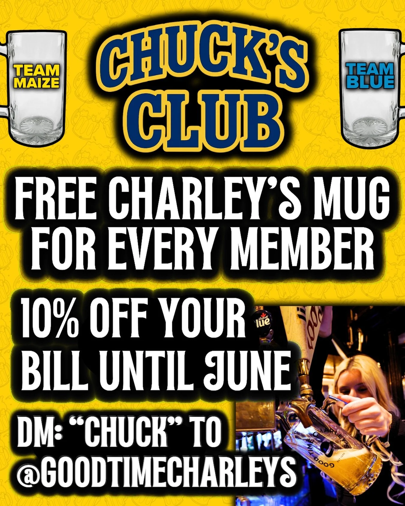 🤩 WE&rsquo;RE ADDING MORE PEOPLE TO CHUCK&rsquo;S CLUB 🤩

GET A FREE CHARLEY&rsquo;S MUG AND A 10% OFF DISCOUNT CARD THAT WORKS UNTIL JUNE 🫡⚡️

DM: &ldquo;Chuck&rdquo; to @goodtimecharleys on insta to join! (Follow us too so we see your dm!)
Limit