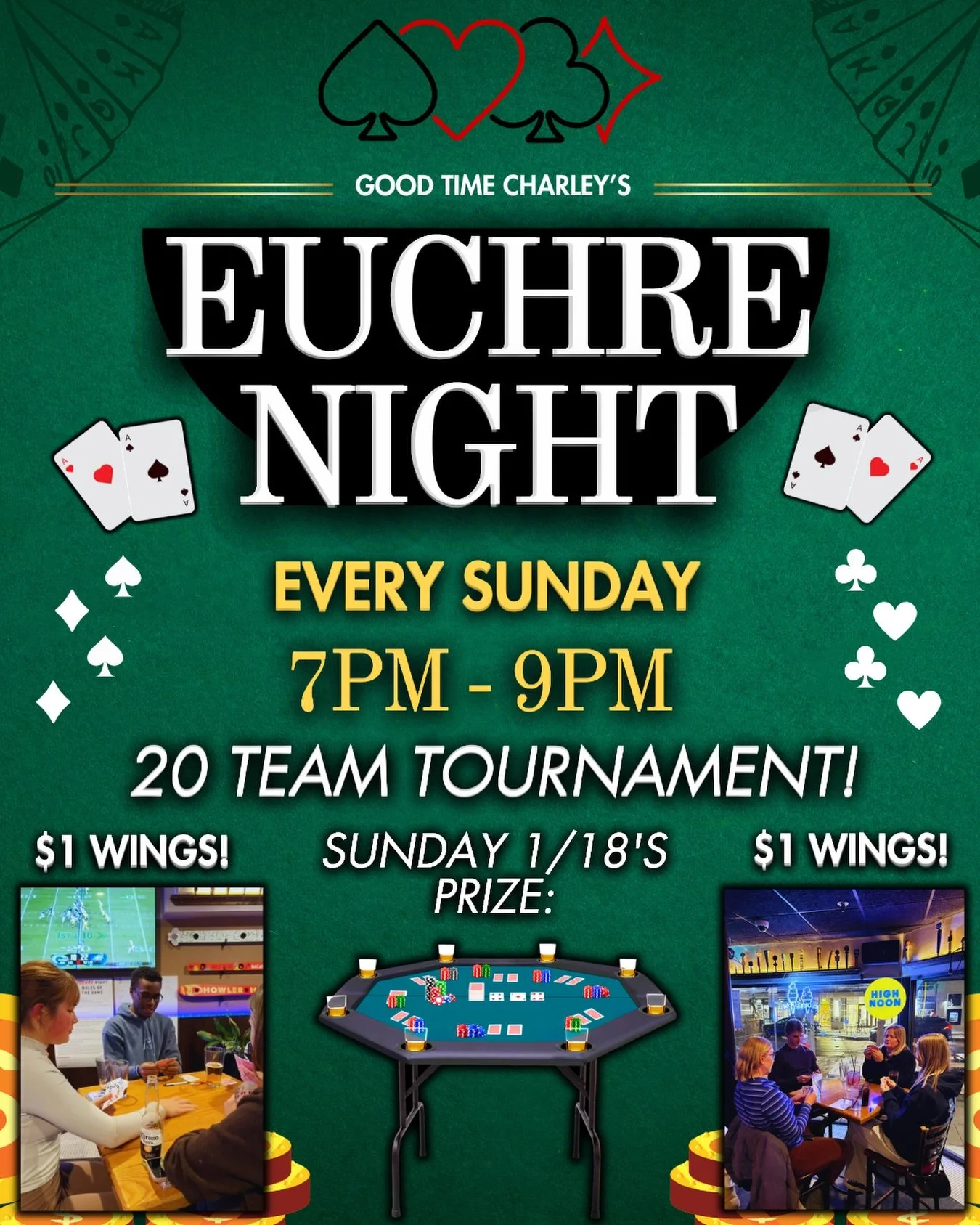 EUCHRE NIGHT PRIZE UPGRADE 🏆🃏

THIS SUNDAY (7PM - 9PM) 20 TEAMS WILL COMPETE IN A EUCHRE TOURNAMENT FOR:
A CARD TABLE 🫨🤩❤️

NO RESERVATION REQUIRED: SHOW UP AT 7PM 🤝
$1 WINGS EVERY SUNDAY 🍗