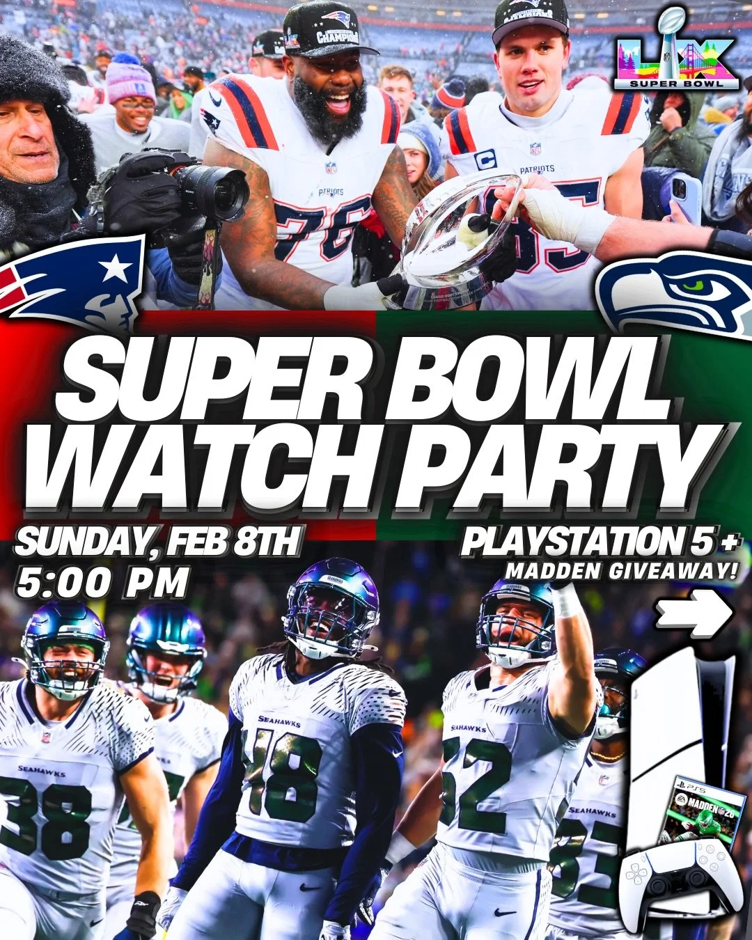 SUPER BOWL + PLAYSTATION 5 GIVEAWAY 🏆🏈🤩

AT OUR SUPER BOWL PARTY THIS SUNDAY, FEB 8TH, ONE OF YOU IS LEAVING WITH A PS5 AND A COPY OF MADDEN 26 🤯😱

HOW IT WORKS:
The first 100 people in the door (5PM SHARP!) will receive a number (1-100). Your n