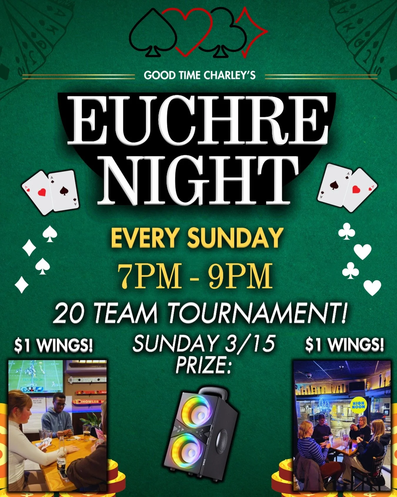 EUCHRE NIGHT PRIZE UPGRADE 😛🤩

THIS SUNDAY (7PM - 9PM) 20 TEAMS WILL COMPETE IN A EUCHRE TOURNAMENT FOR:
A BLUETOOTH SPEAKER 🔊
NO RESERVATION REQUIRED: SHOW UP AT 7PM
$1 WINGS 🍗