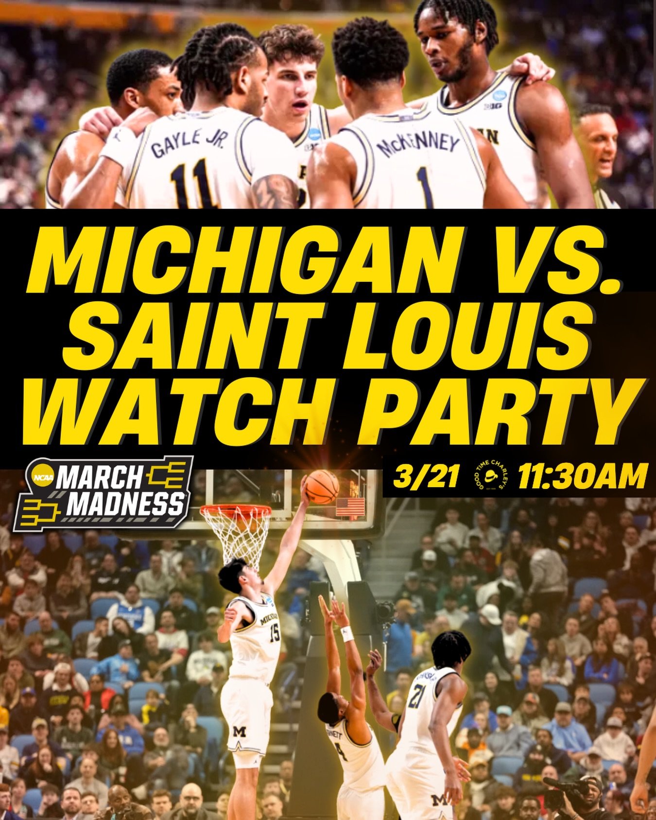 MARCH MADNESS AT CHARLEY&rsquo;S 🤩🏀

GET IN EARLY AND LOSE YOUR VOICE: THE SWEET 16 IS ON THE LINE 🙌

WE OPEN AT 11:30AM 〽️
GAME TIME IS NOON 🕰️