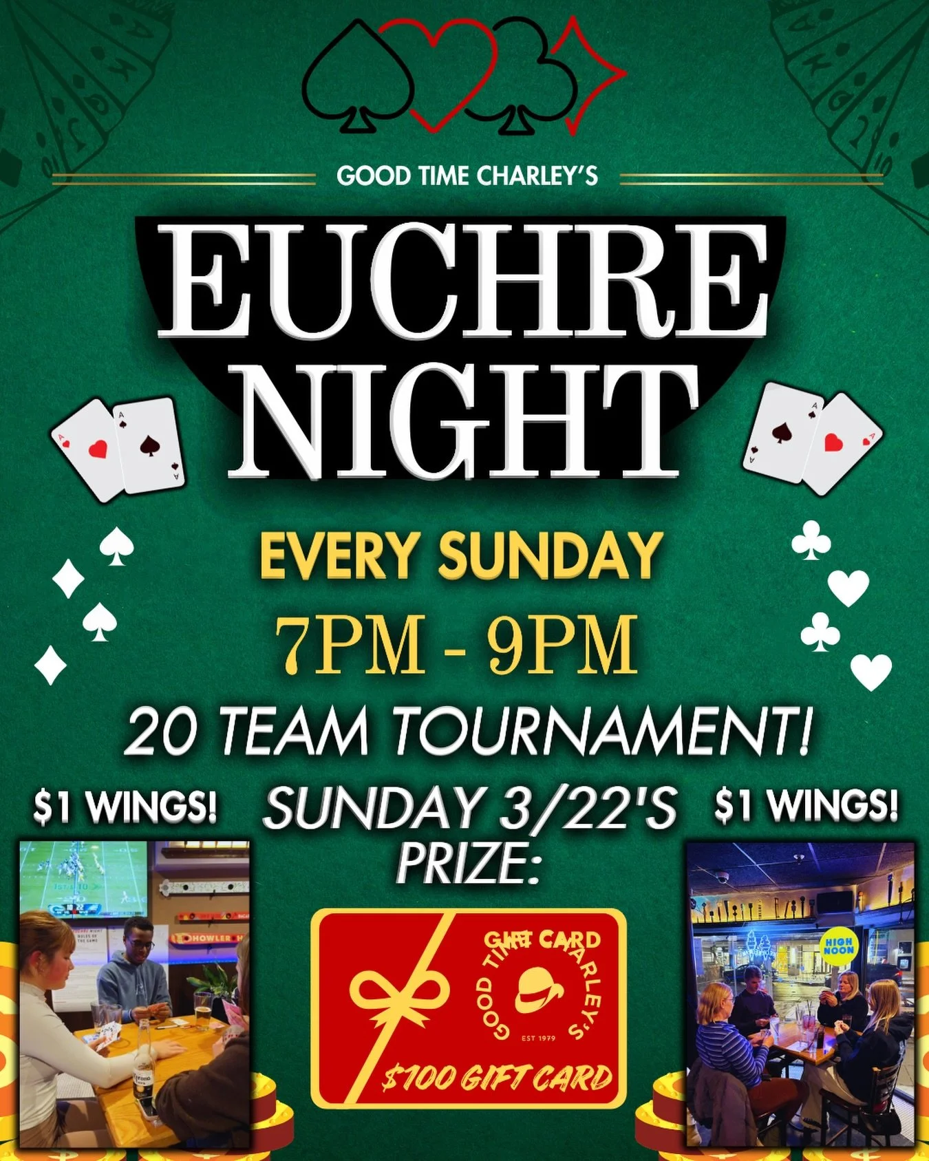 EUCHRE NIGHT PRIZE UPGRADE 🏆
THIS SUNDAY (3/22 7PM - 9PM) 20 TEAMS WILL COMPETE IN A EUCHRE TOURNAMENT FOR:
A $100 CHARLEY&rsquo;S GIFT CARD 🥇
NO RESERVATION REQUIRED: SHOW UP AT 7PM ✅
$1 WINGS 🍗