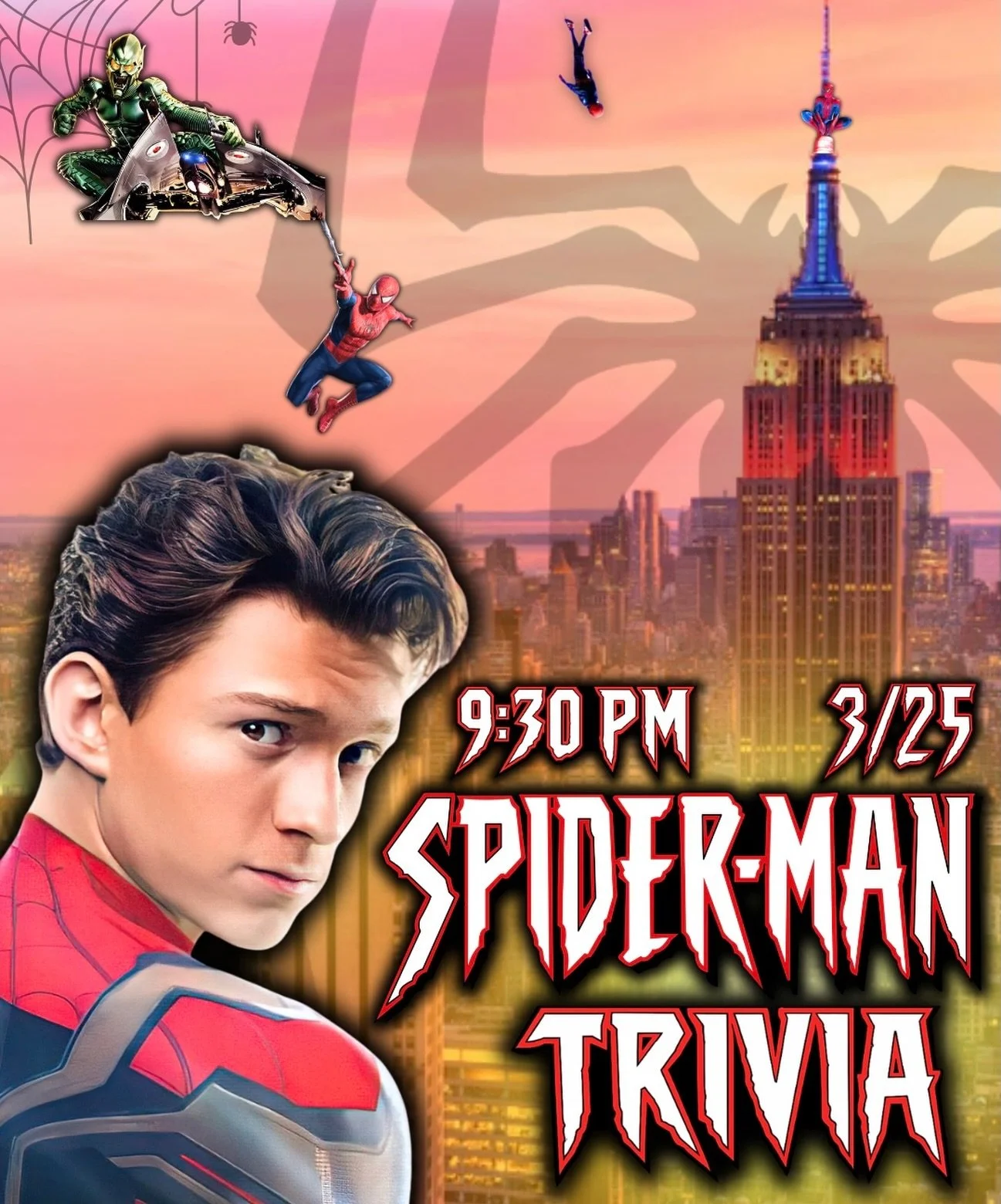 SPIDER-MAN TRIVIA AT CHARLEY&rsquo;S 🕷️🕸️
WED 3/25, 9:30PM 🤩

Reservations go up on LineLeap at 9AM every Monday ✏️
Table seating for trivia starts at 7:30PM every Wednesday ✅