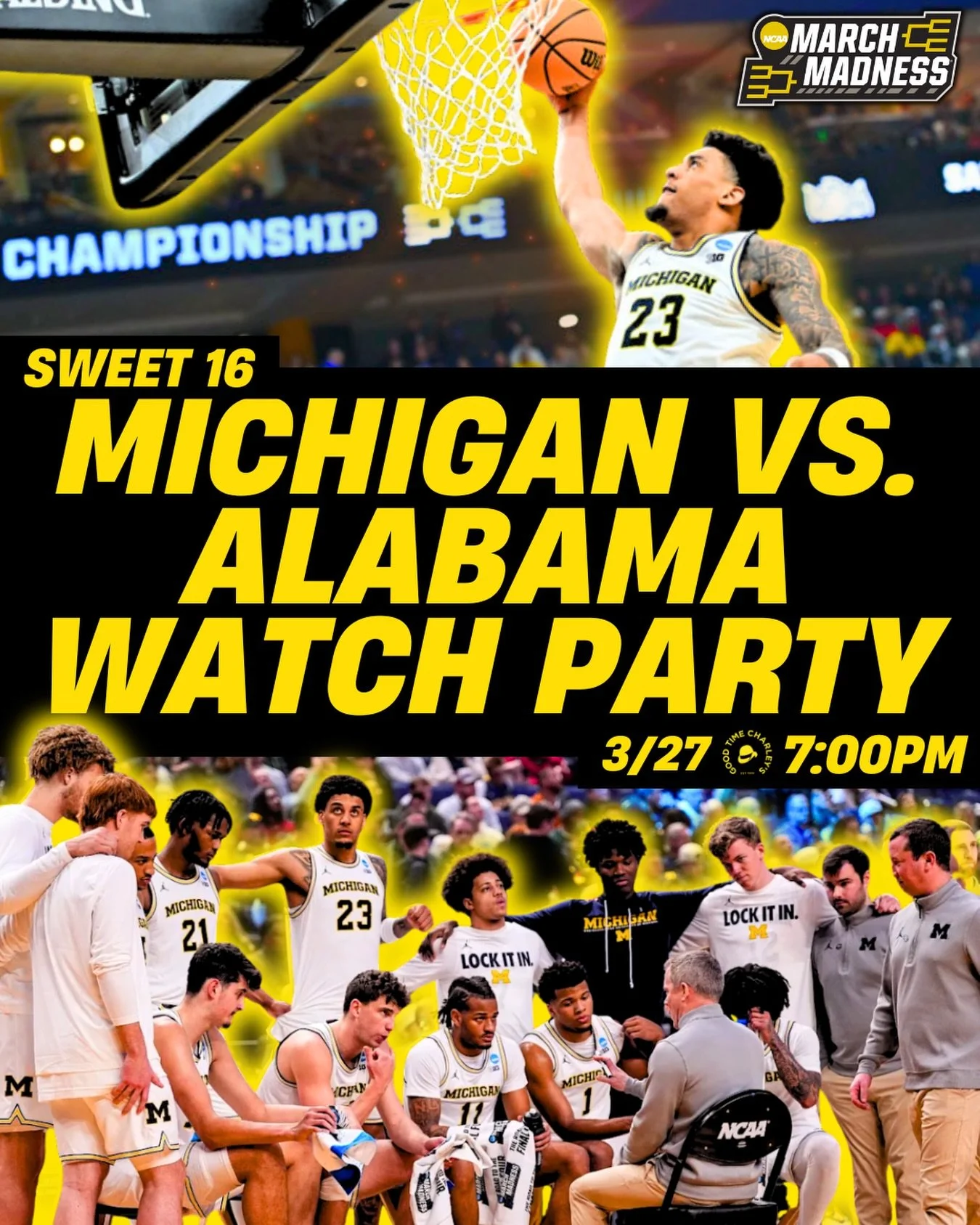 RELEASE YOUR INHIBITIONS!!! 💛💙💛

SWEET 16. MICHIGAN VS ALABAMA. ITS TIME TO SCREAM YOUR HEART OUT!!! 🤩🤝

THIS FRIDAY. 3/27.
GAME TIME: 7:45.
PULL UP WAY EARLIER THAN THAT!

Live, laugh, love: Michigan Basketball 🏀