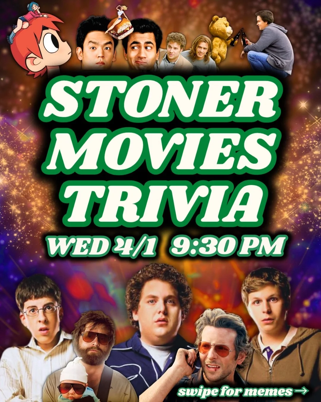 STONER MOVIES TRIVIA AT CHARLEY&rsquo;S 💚💨

WED 4/1, 9:30PM 🕰️

Reservations go up on LineLeap at 9AM every Monday ✅
Table seating for trivia starts at 7:30PM every Wednesday ✏️