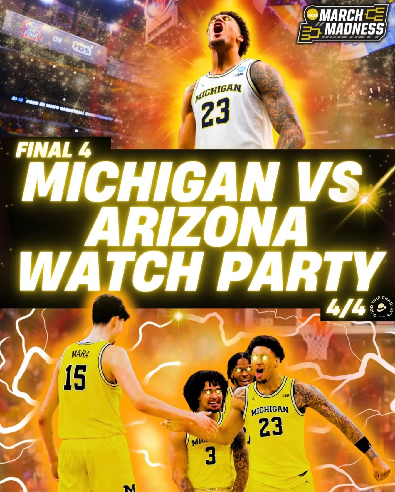 This is where your book begins 🥹💛

Godzilla vs. Kong. The two best college basketball teams in the country. Your Maize and Blue vs. the Arizona Wildcats, with a National Championship berth on the line. Cheer on our boys with us at Charley&rsquo;s. 