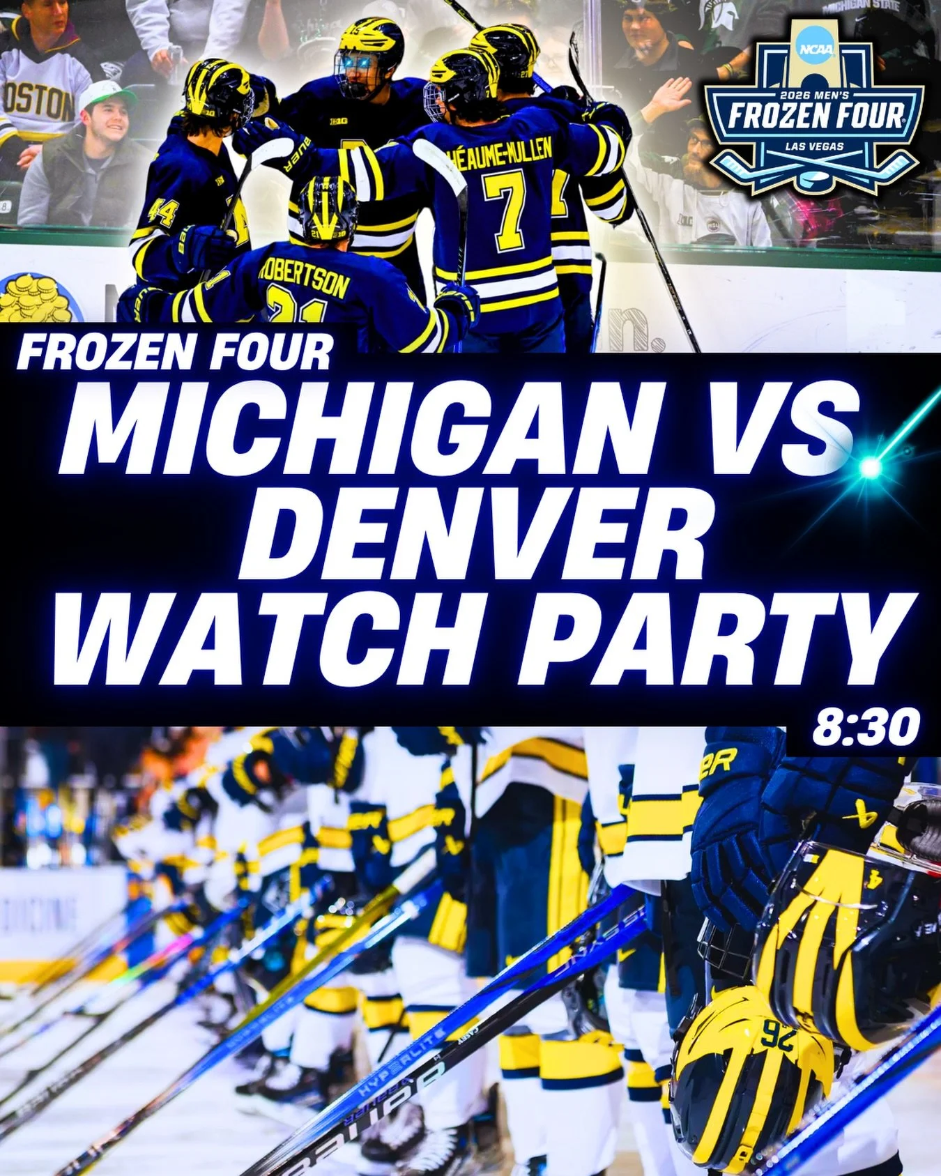 EVERYTHING SCHOOL 💛🤝

ITS ALL ABOUT THE FROZEN FOUR. MICHIGAN VS DENVER. WATCH THE BOYS PUNCH THEIR TICKET 🤩

TONIGHT. 4/9.
8:30PM.
Live, laugh, love: Michigan Hockey 🏒