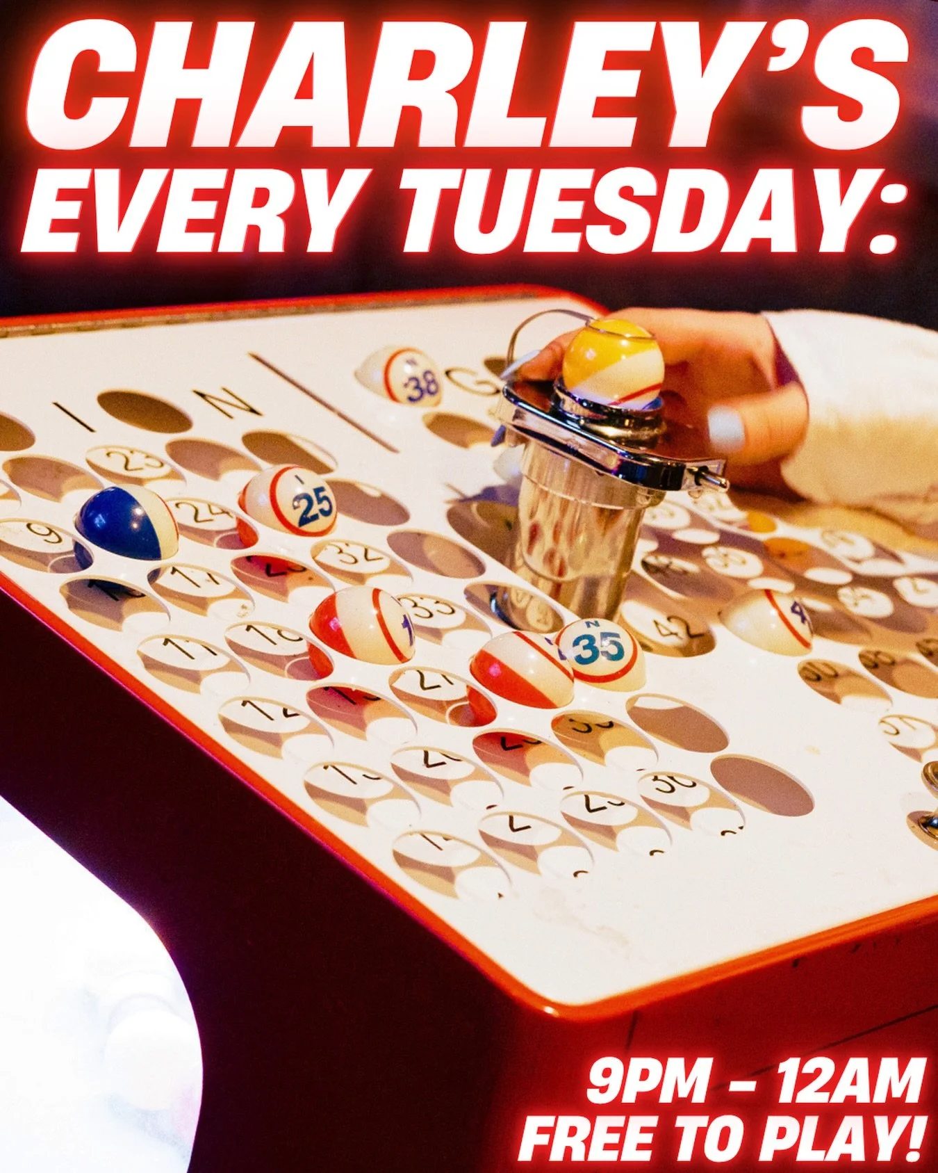 CHARLEY&rsquo;S BINGO? 🍾🥳

EVERY TUESDAY ✏️
9PM - 12AM 🕰️
FREE TO PLAY 💛