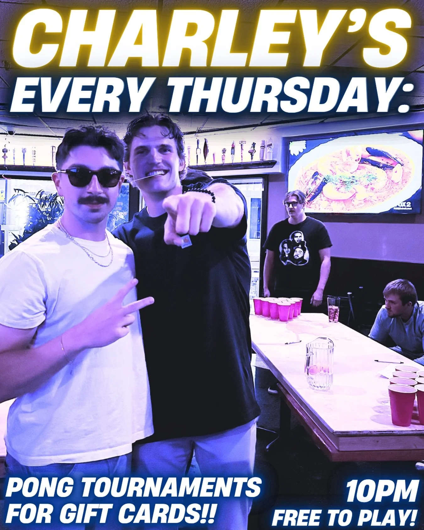 PONG THURSDAYS 🏓🍻

PONG TOURNAMENTS FOR CHARLEY&rsquo;S GIFT CARDS START AT 10PM EVERY THURSDAY 😦

FREE TO PLAY, NO RESERVATIONS ✅