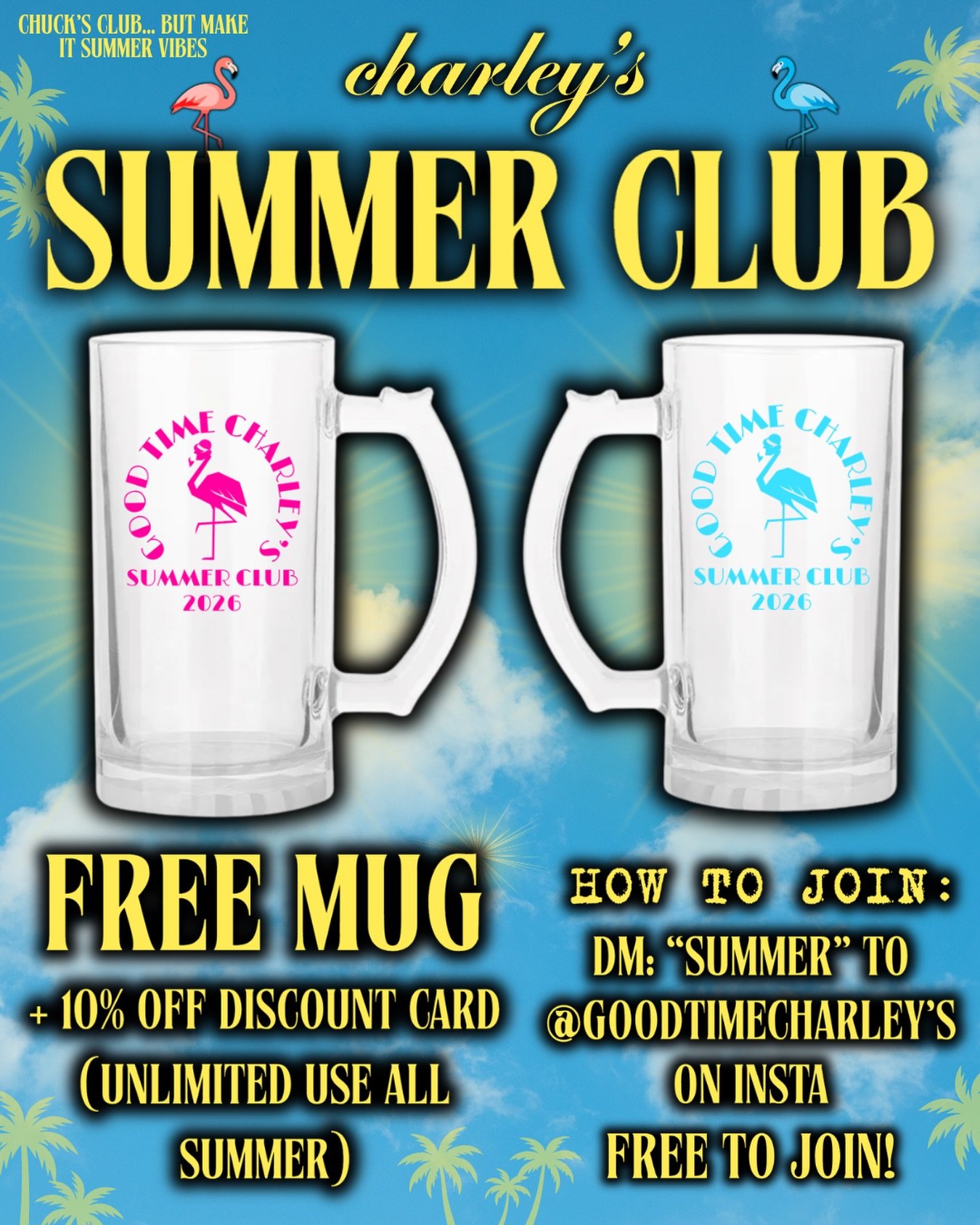 THE CHARLEY&rsquo;S SUMMER CLUB IS BACK 🤩

The rumors are true. We&rsquo;re giving away FREE SUMMER CLUB MUGS and UNLIMITED USE 10% OFF DISCOUNT CARDS to everyone who DMs us &ldquo;summer&rdquo; 🦩

MUG PICKUPS START IN EARLY MAY 🤝

IF YOU ARE ALRE