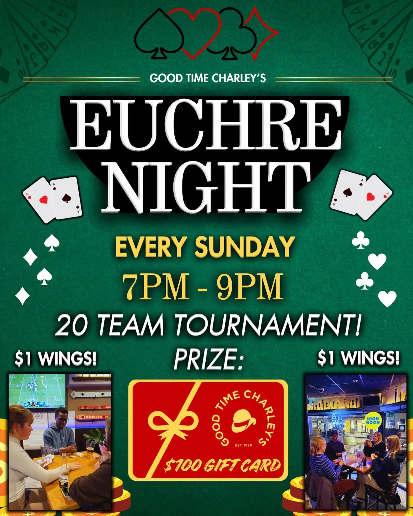 CHARLEY&rsquo;S EUCHRE NIGHT &hearts;️🃏

THIS SUNDAY (7PM - 9PM) 20 TEAMS WILL COMPETE IN A EUCHRE TOURNAMENT FOR:
A $100 Charley&rsquo;s Gift Card 🤩

NO RESERVATION REQUIRED: SHOW UP AT 7PM ✏️
$1 WINGS EVERY SUNDAY 🍗
