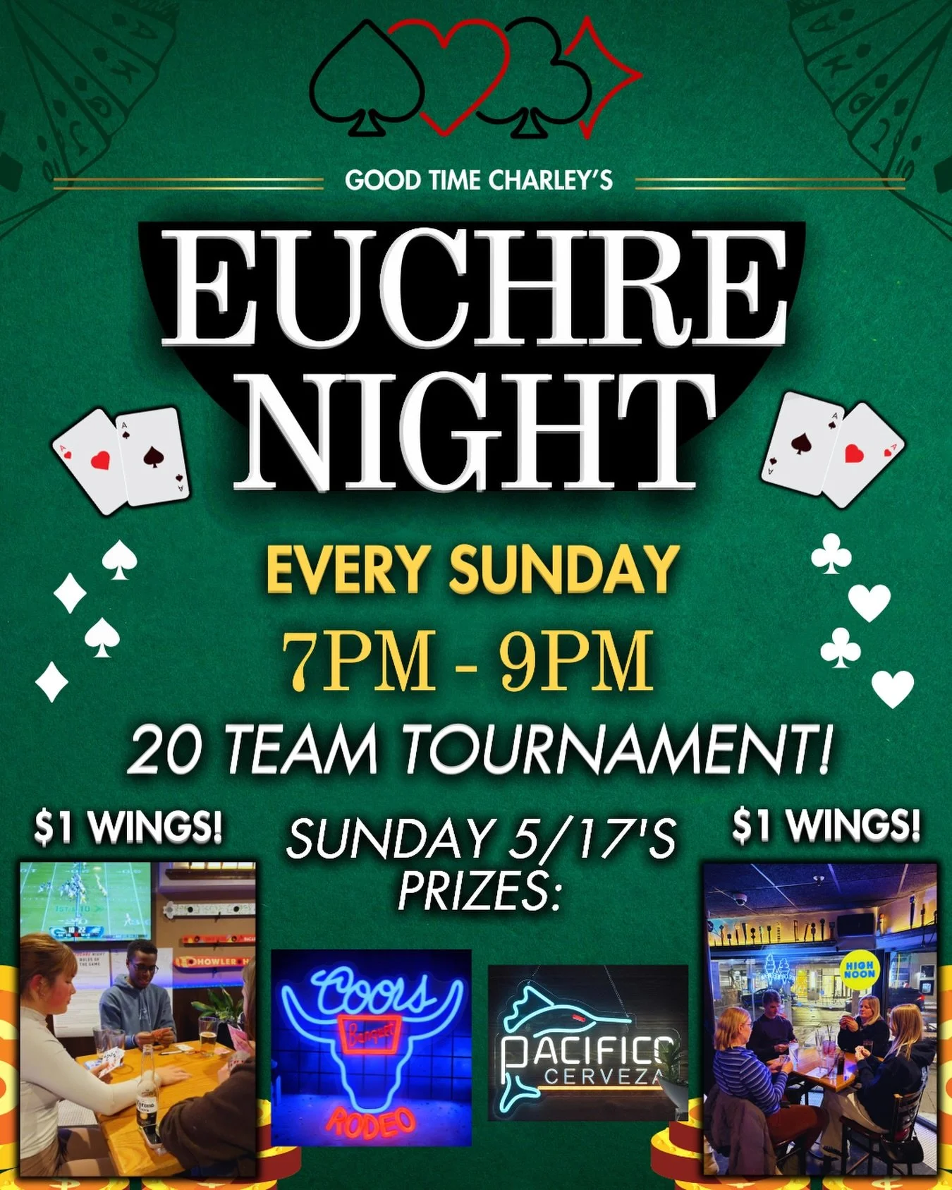 CHARLEY&rsquo;S EUCHRE NIGHT 🤩

THIS SUNDAY (7PM - 9PM) 20 TEAMS WILL COMPETE IN A EUCHRE TOURNAMENT FOR:
TWO NEON BEER SIGNS 🍻

NO RESERVATION REQUIRED: SHOW UP AT 7PM ✅
$1 WINGS EVERY SUNDAY 🍗