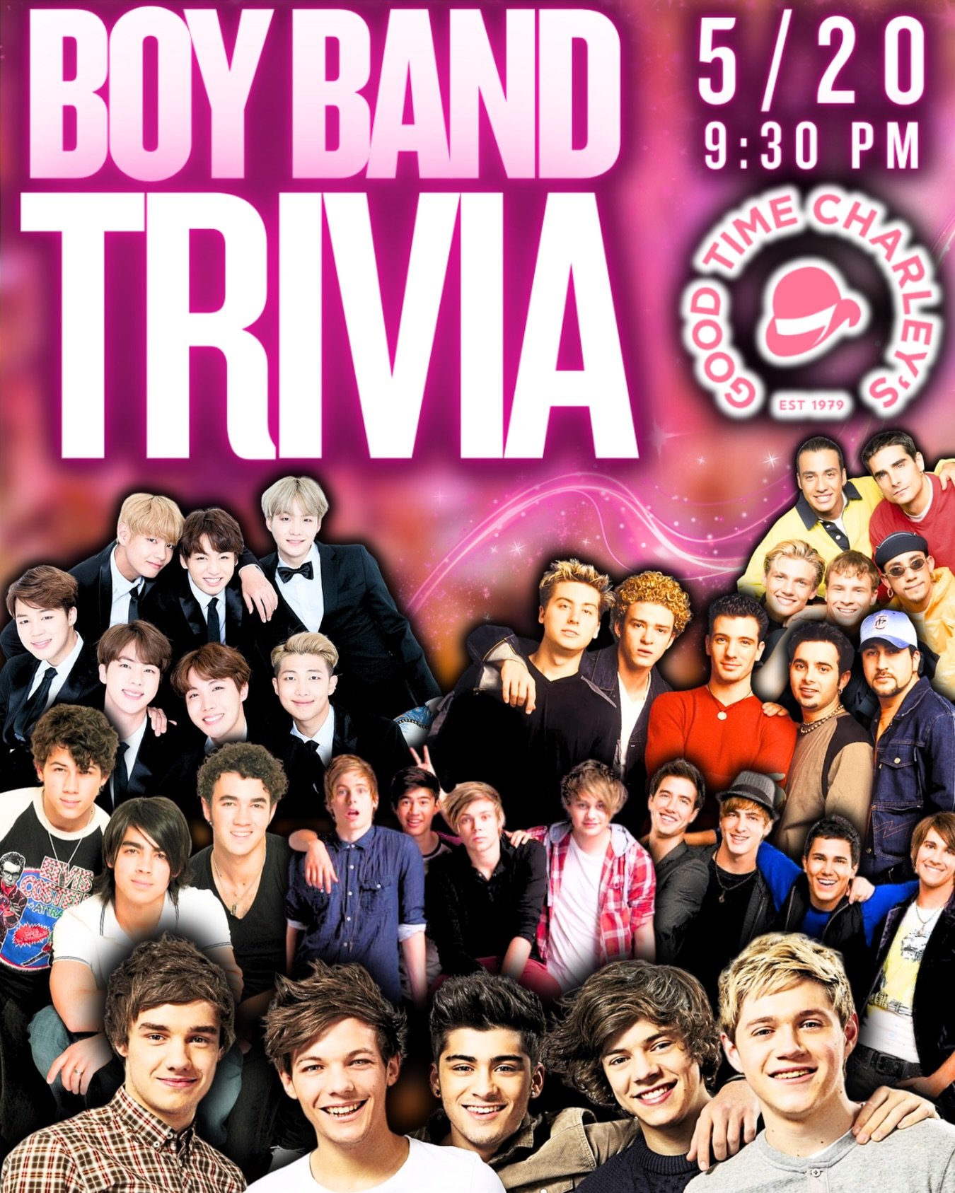 BOY BAND TRIVIA AT CHARLEY&rsquo;S!!!! 🎙️😍

WED 5/20, 9:30PM 🕰️
Reservations go up on LineLeap at 9AM every Monday ✅ 
Table seating for trivia starts at 7:30PM every Wednesday ✏️