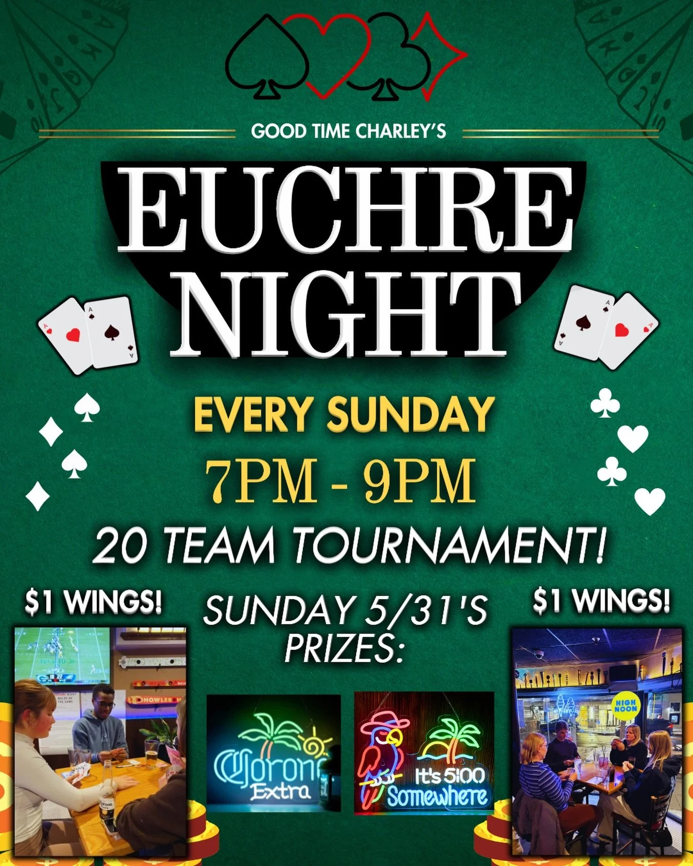 CHARLEY&rsquo;S EUCHRE NIGHT PRIZE UPGRADE 🏆

THIS SUNDAY (7PM - 9PM) 20 TEAMS WILL COMPETE IN A EUCHRE TOURNAMENT FOR:
TWO NEON BEER SIGNS 🍻

NO RESERVATION REQUIRED: SHOW UP AT 7PM ✏️
$1 WINGS EVERY SUNDAY 🍗
