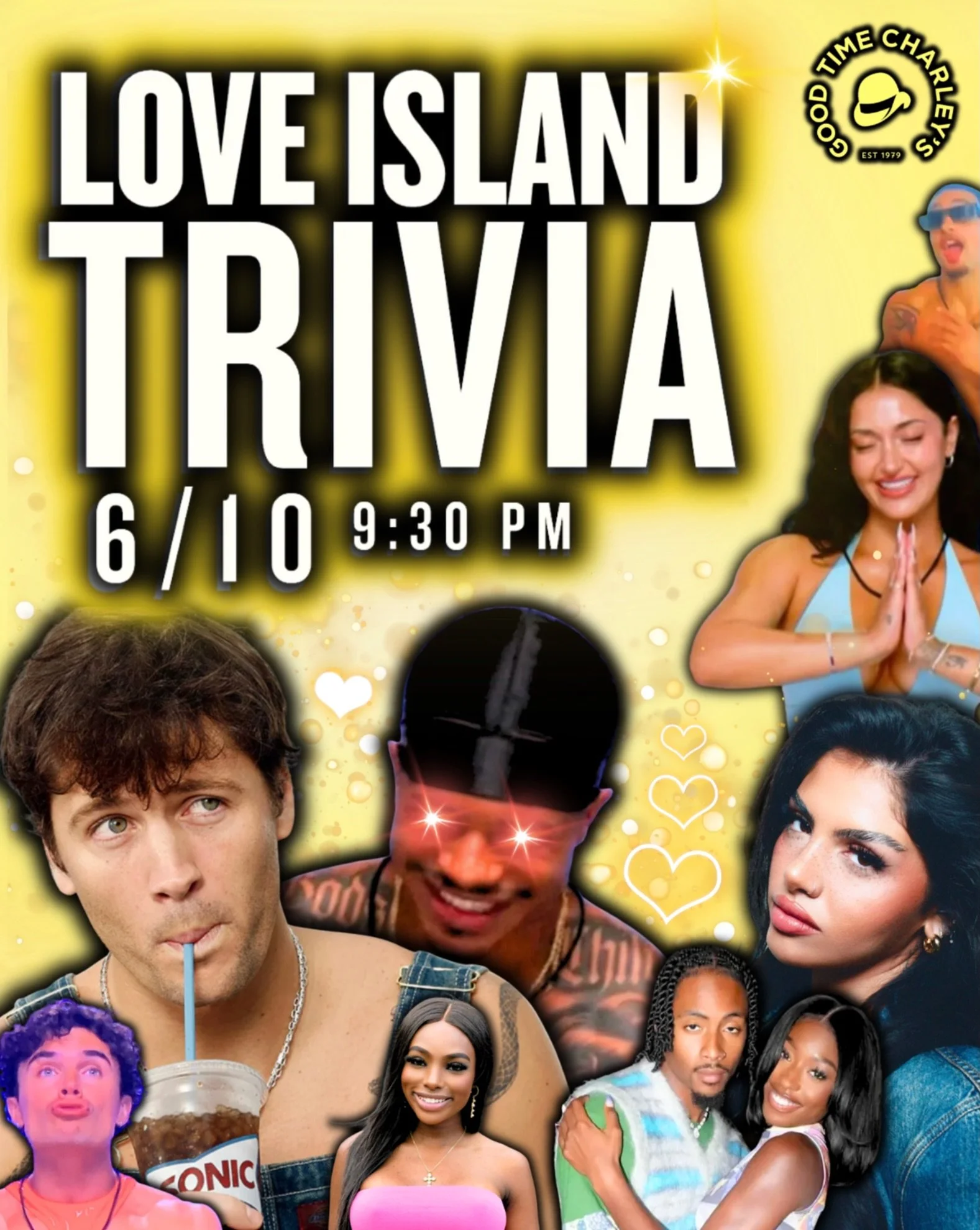 LOVE ISLAND TRIVIA AT CHARLEY&rsquo;S ❤️🏝️

ALL SEASONS ARE ON THE TABLE 🤝

WED 6/10, 9:30PM 🕰️
Reservations go up on LineLeap at 9AM every Monday ✅
Table seating for trivia starts at 7:30PM every Wednesday ✏️