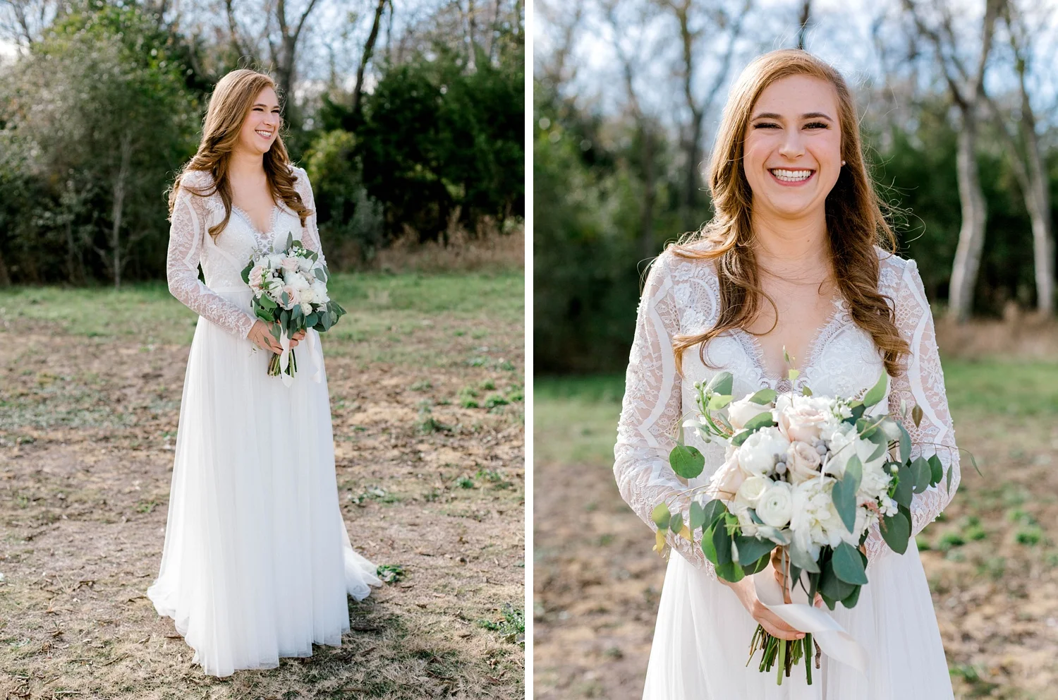 Bride in long sleeve Wtoo wedding dress, holding her eucalyptus and roses wedding bouquet.
