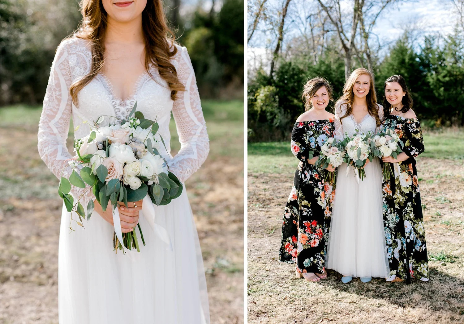 Bride in long sleeve Wtoo wedding dress holding her wedding bouquet with eucalyptus and roses. Bride in long sleeve Wtoo wedding dress and blue shoes with her maids of honor in off the shoulder floral bridesmaid dresses.